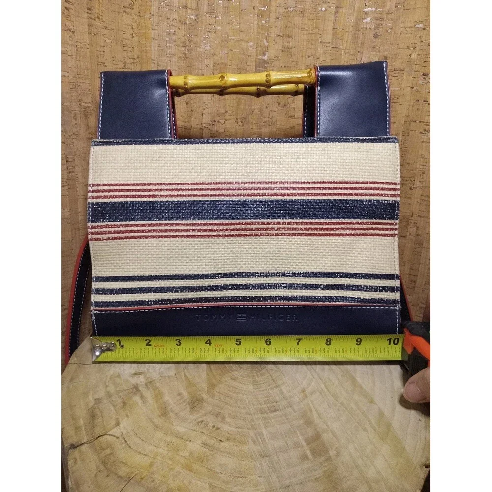 Tommy Hilfiger Woven Straw Handbag Crossbody Purse Navy Red Bamboo Handles